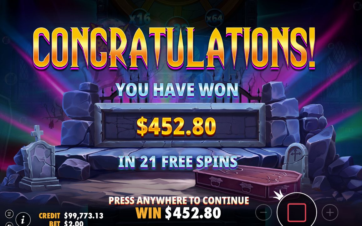 Win screen once the tumble chain stops, showing the total