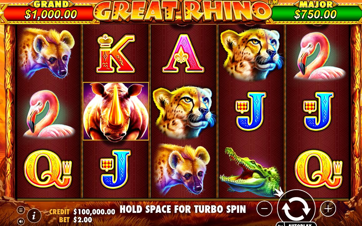 The 5x3 reels with rhino, big cat and card symbols on the paylines